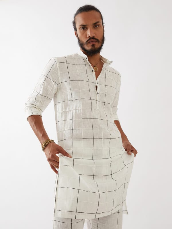SON OF A NOBLE - SNOB — JENSON WINDOW CHECK KURTA SET - WHITE