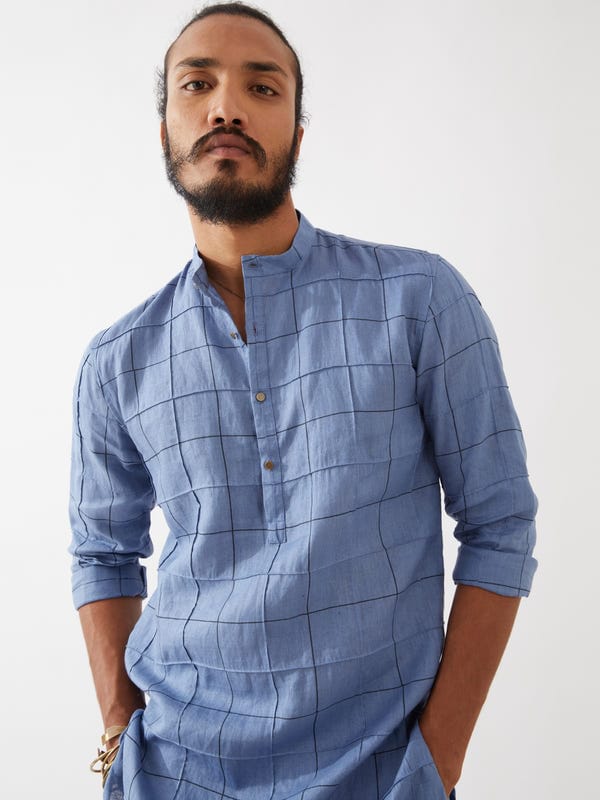 SON OF A NOBLE - SNOB — JENSON WINDOW CHECK KURTA - BLUE
