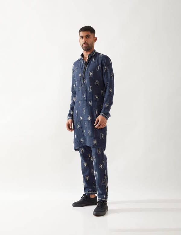 SON OF A NOBLE - SNOB — SLATE STAMP KURTA SET - NAVY