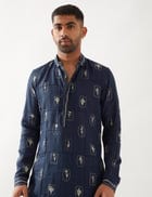 SLATE STAMP KURTA SET - NAVY view 6