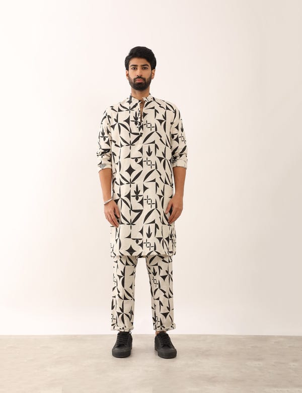 SON OF A NOBLE - SNOB — KRISH STENCIL KURTA - IVORY