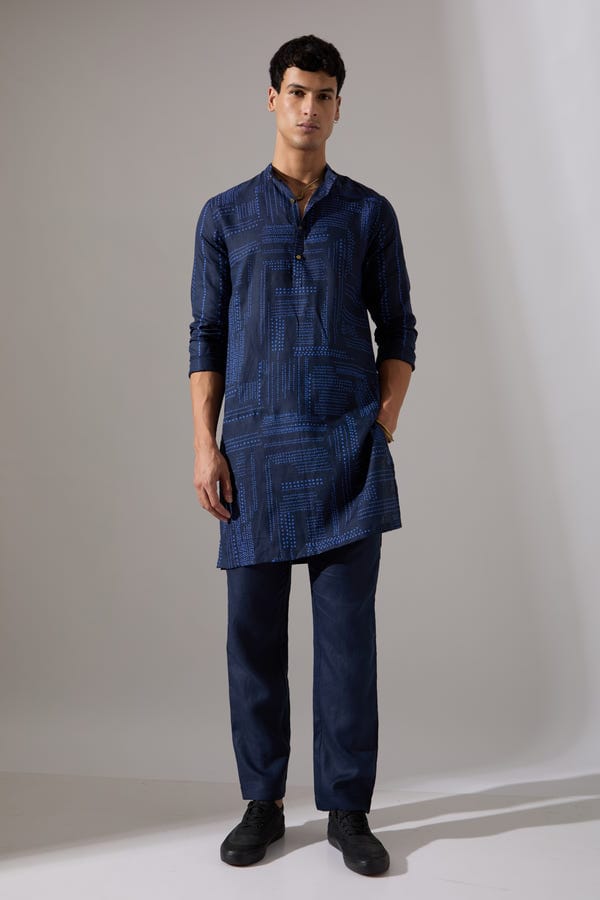 SON OF A NOBLE - SNOB — Lucas Shibori and Dots Kurta Set - Navy