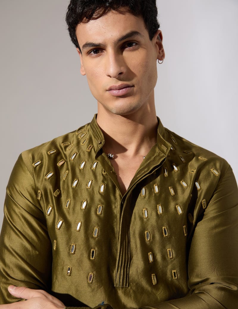 Conrad Hand Embroidered Kurta Set - Olive