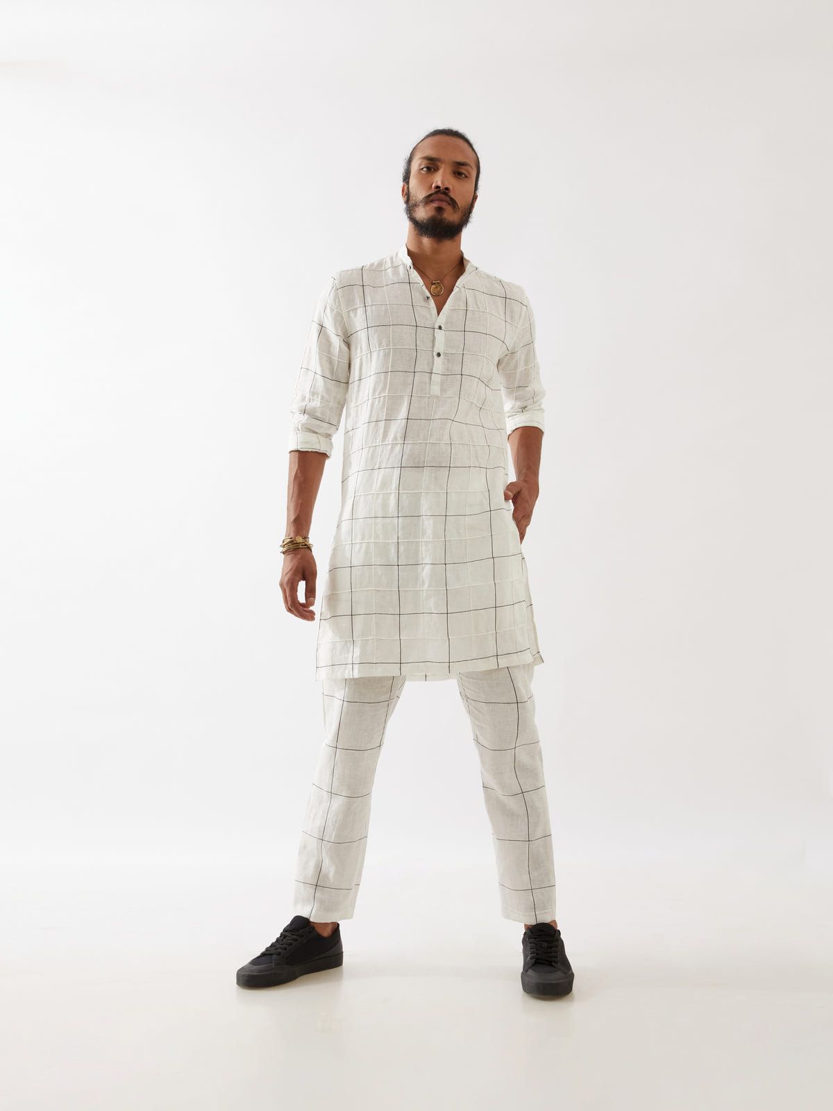 JENSON WINDOW CHECK KURTA  - WHITE - image 3