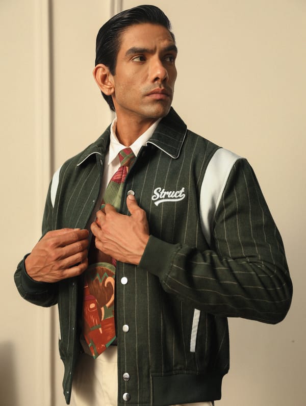 Struct — HIGHLANDERS PINSTRIPE SUITING BOMBER JACKET - II GREEN