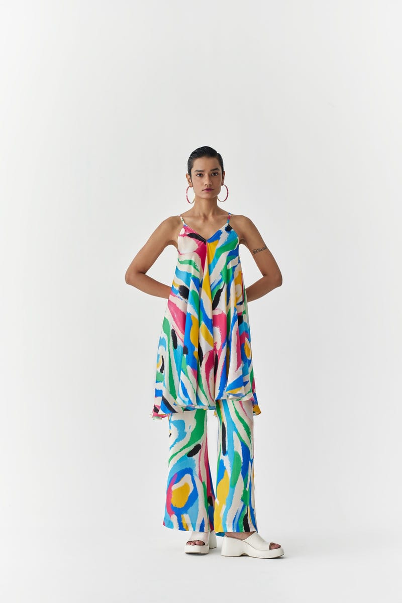 BRUSHSTROKE STRAPPY KURTA & FLARED TROUSERS CO-ORD