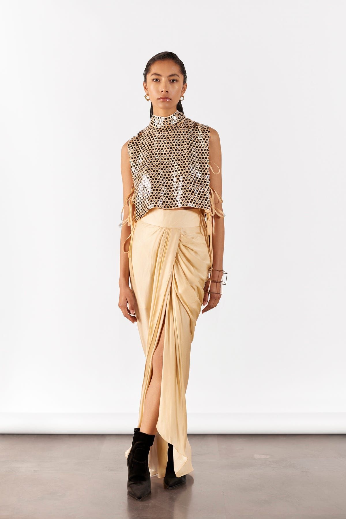 CHAMPAGNE EMBROIDERED TOP & DRAPED SKIRT - image 1