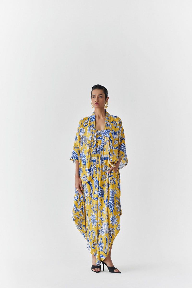YELLOW PINEAPPLE STRAPPY JUMPSUIT WITH CAPE
