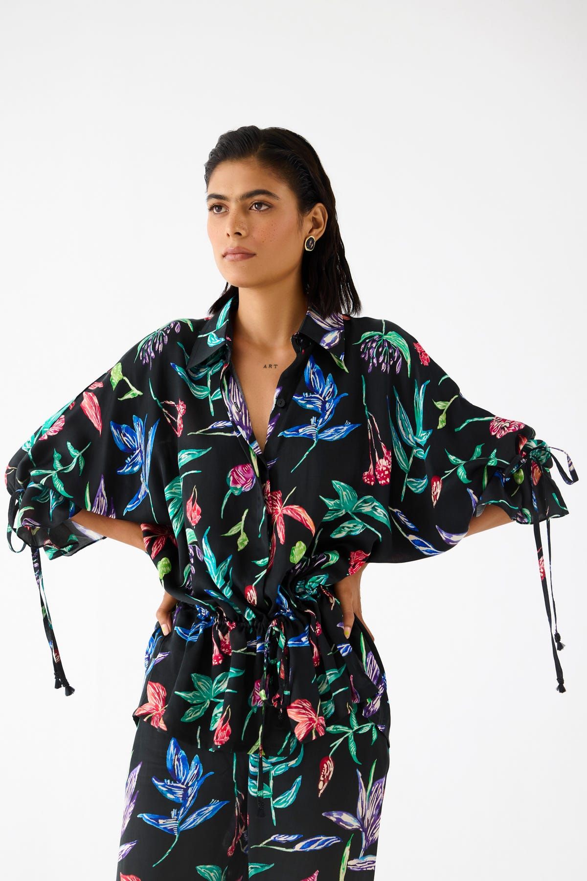 BLACK BOTANICA DRAWSTRING SHIRT - image 1