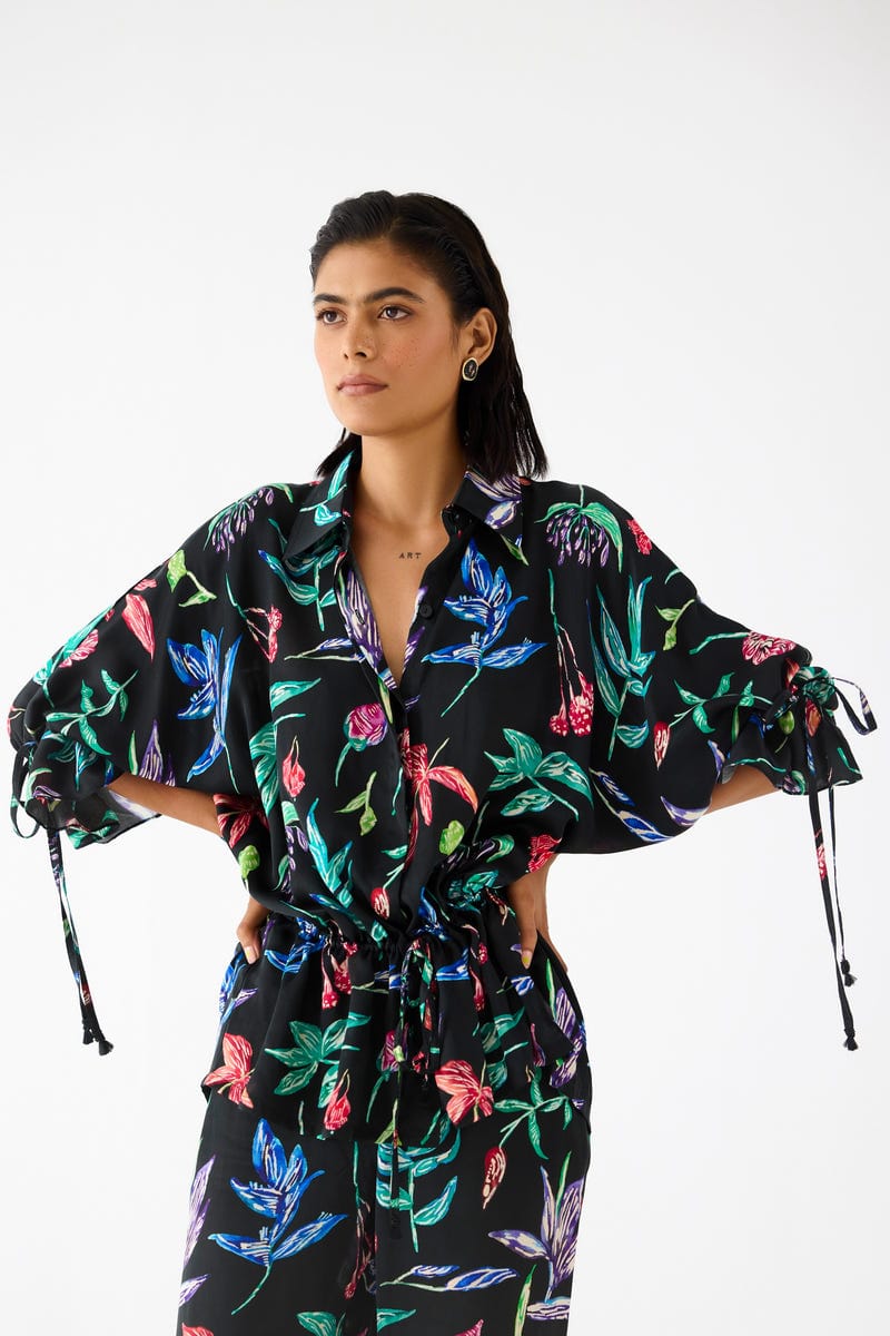 BLACK BOTANICA DRAWSTRING SHIRT
