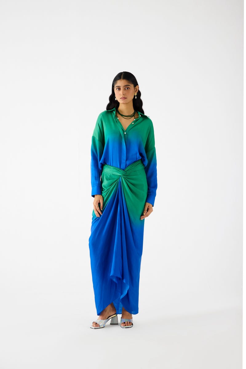 EMERALD DRAPED SHIRT DRESS