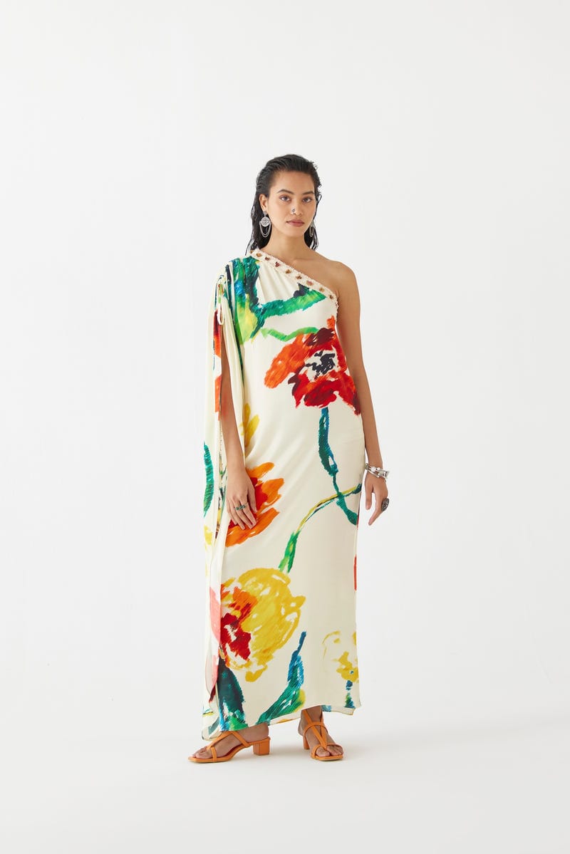 MONET ONE SHOULDER DRAWSTRING DRESS