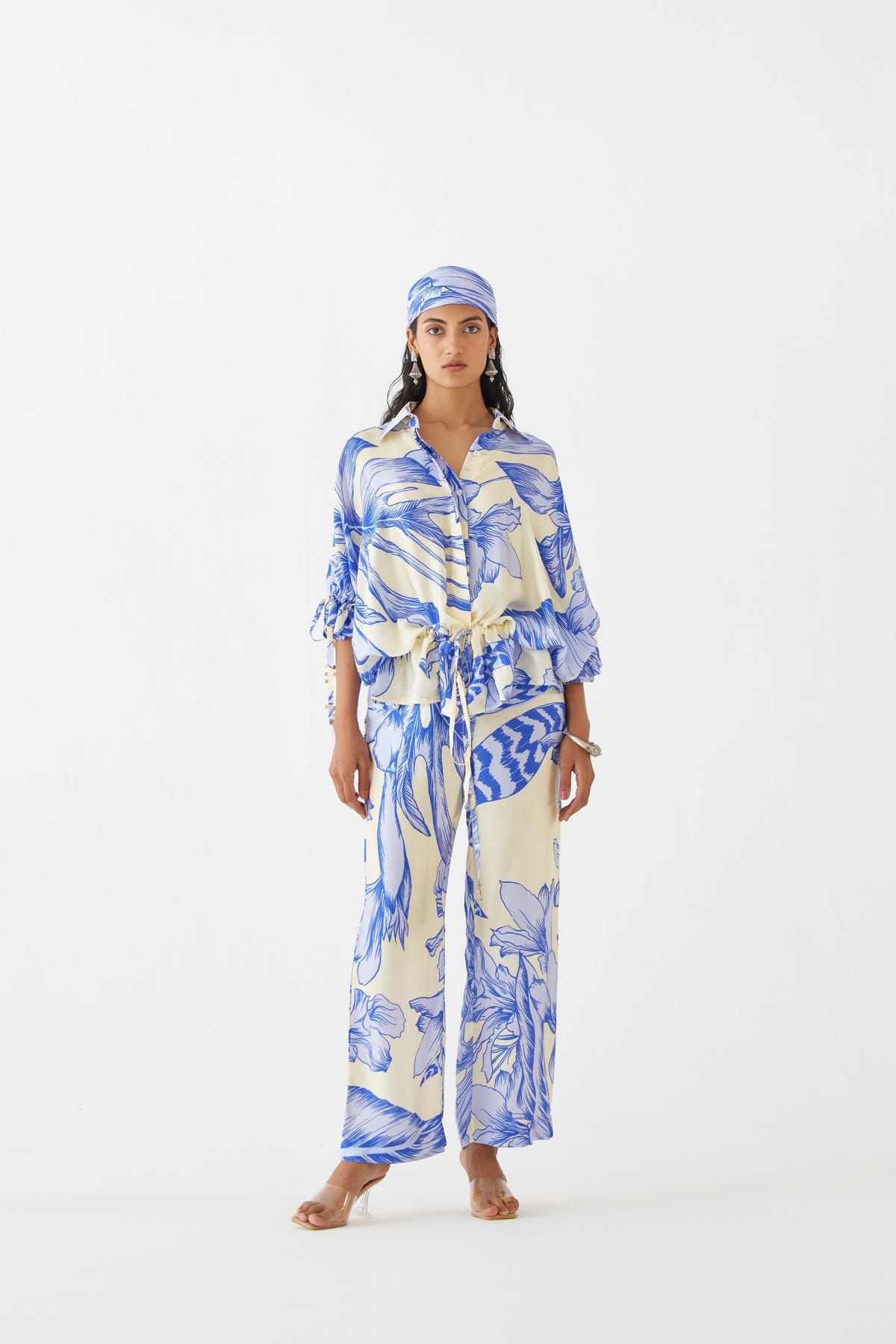 BLUE APHRODITE DRAWSTRING SHIRT & TROUSER CO-ORD - image 1