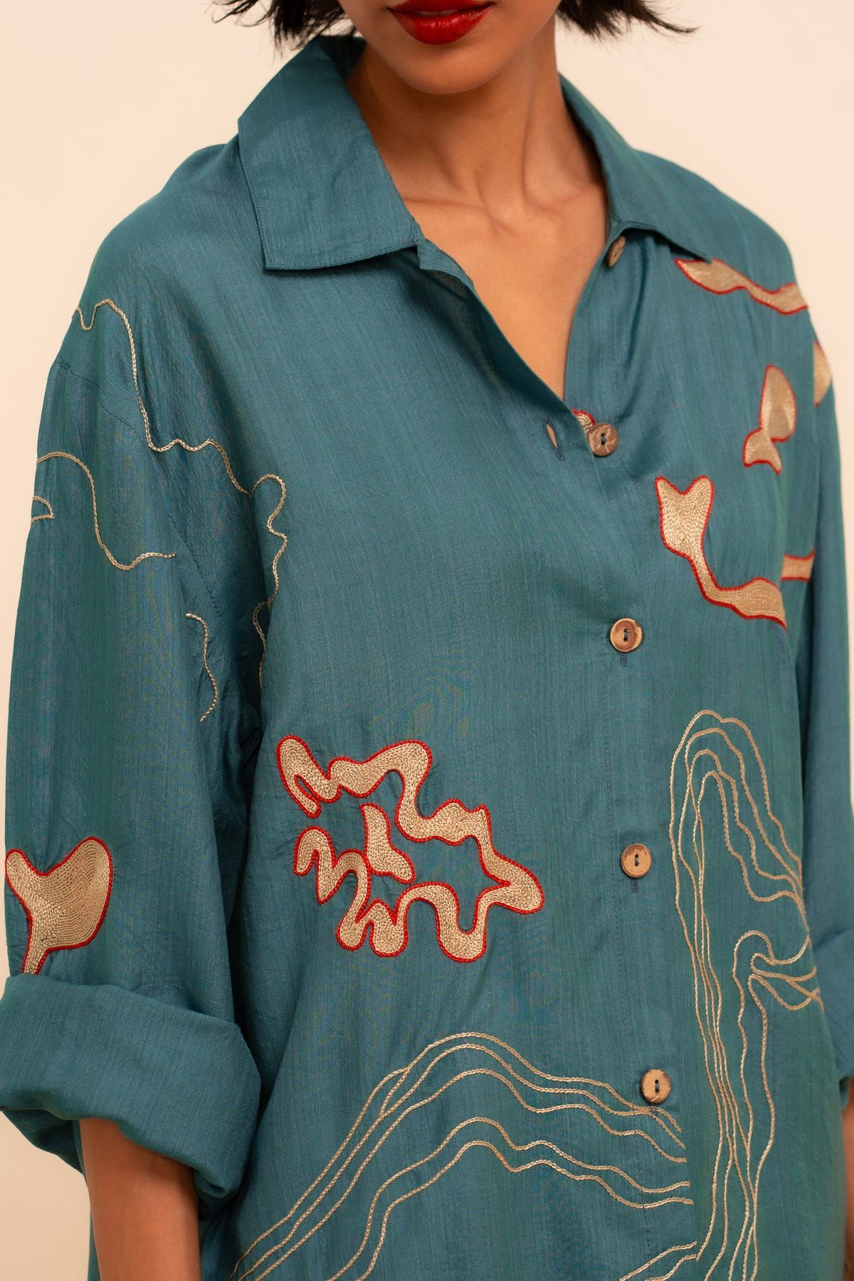 Samudram Coral Silk Shirt - image 2