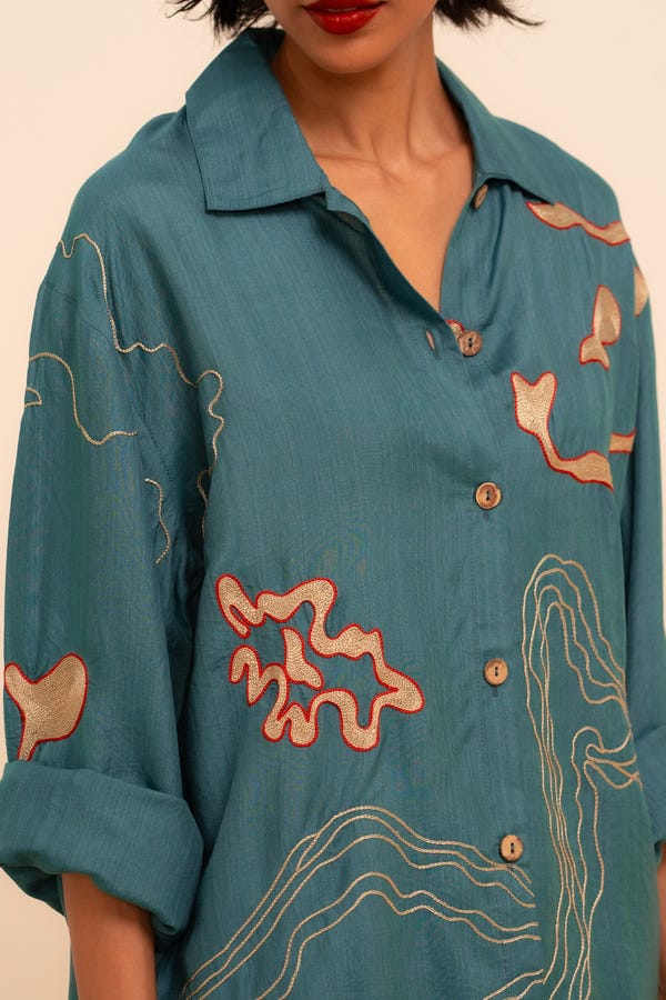 Tega Collective — Samudram Coral Silk Shirt