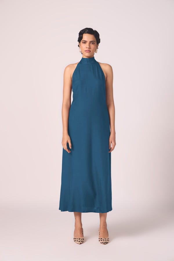 The Summer House — Saros Blue Silk Halter Dress
