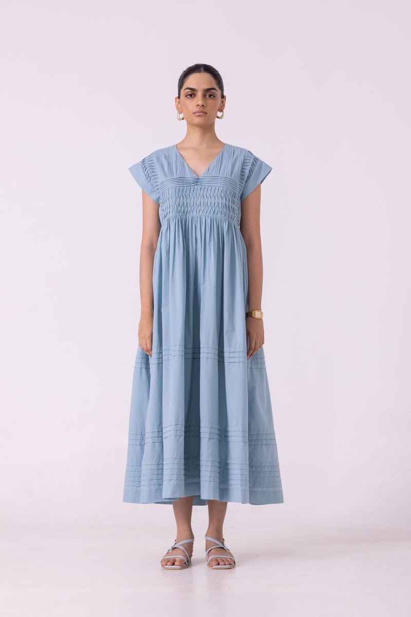 Aelia Blue Pleated Midi Dress