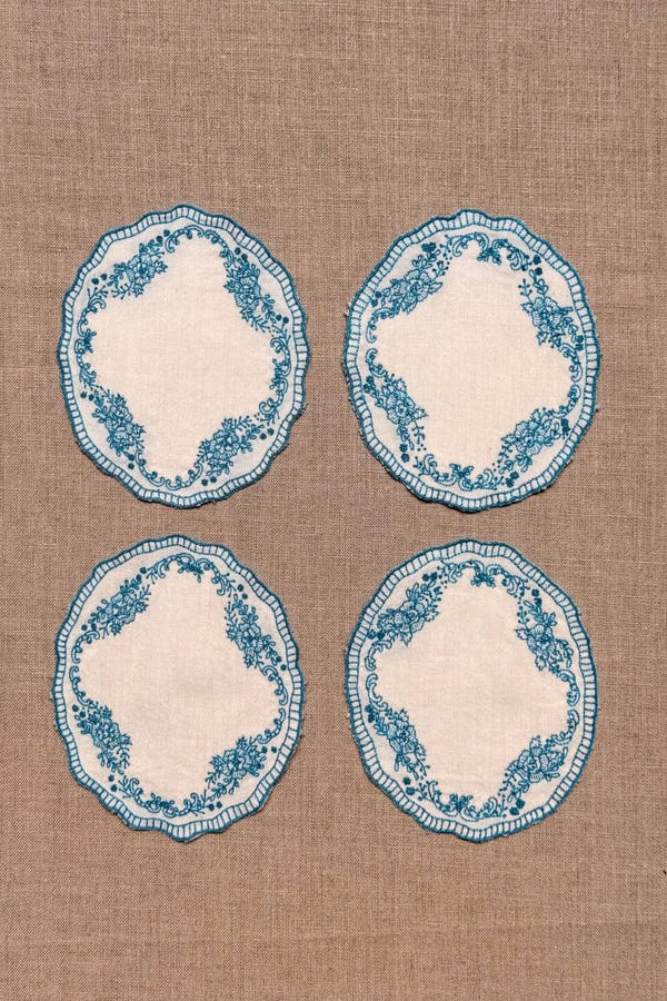 The Summer House — Blue Embroidered Cotton Coasters - Set of 2