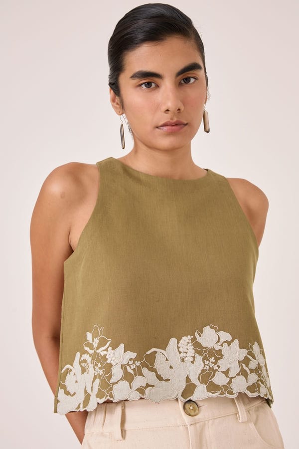 The Summer House — Asiri Olive Embroidered Top