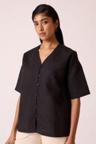 Yuko Black Linen Top view 2