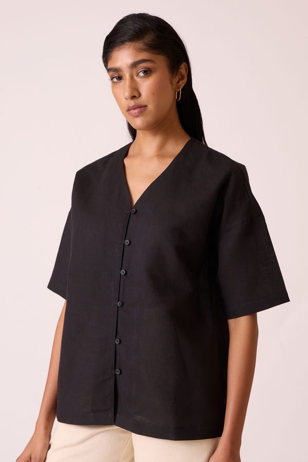 The Summer House — Yuko Black Linen Top