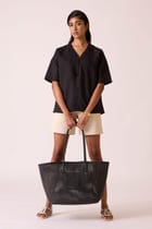Yuko Black Linen Top view 5