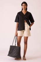 Yuko Black Linen Top view 6