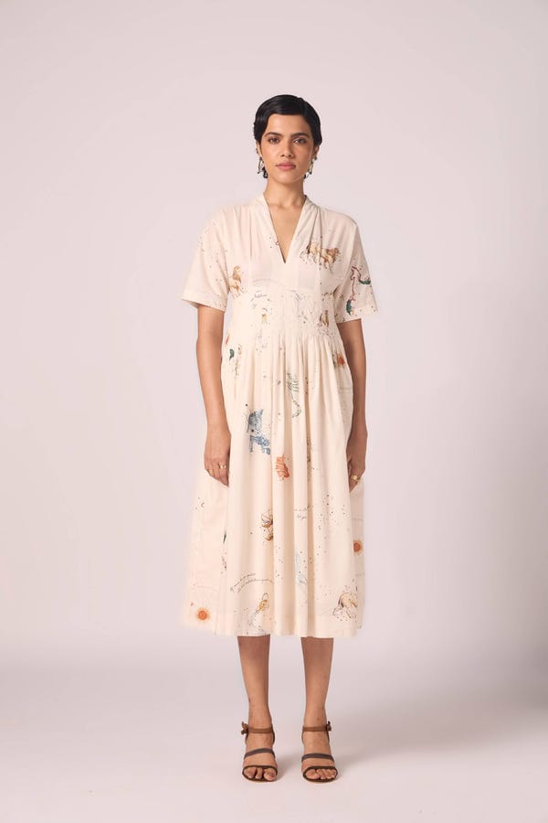 The Summer House — Aara Zodiac Print Pleated Dress
