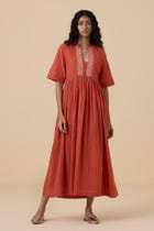 Sabah Orange Cotton Midi Dress view 1