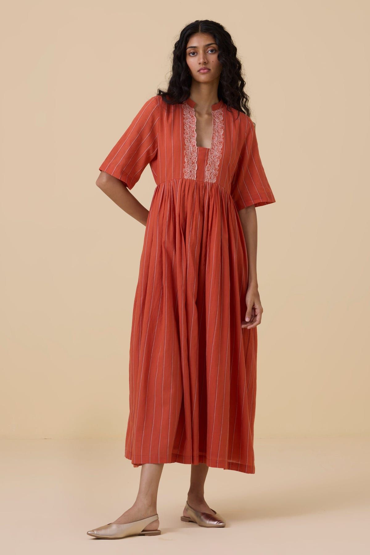 Sabah Orange Cotton Midi Dress - image 3