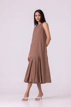 Arwen Brown Pleated Midi Dress view 1