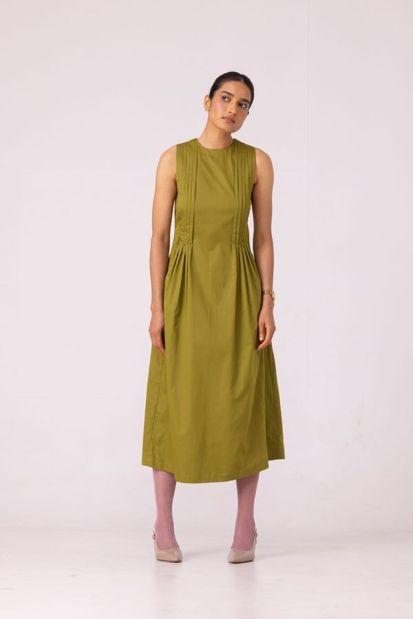 The Summer House — Indika Green Pleated Midi Dress