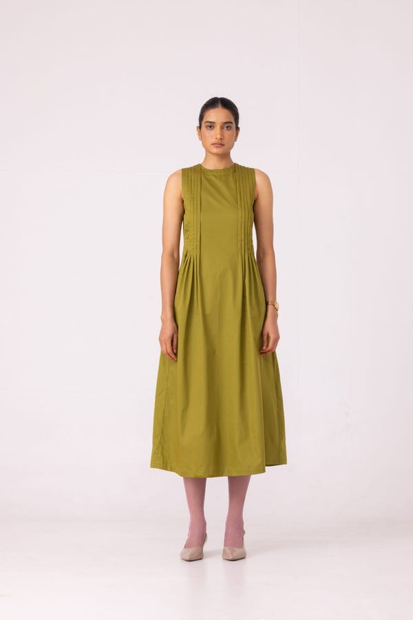 The Summer House — Indika Green Pleated Midi Dress