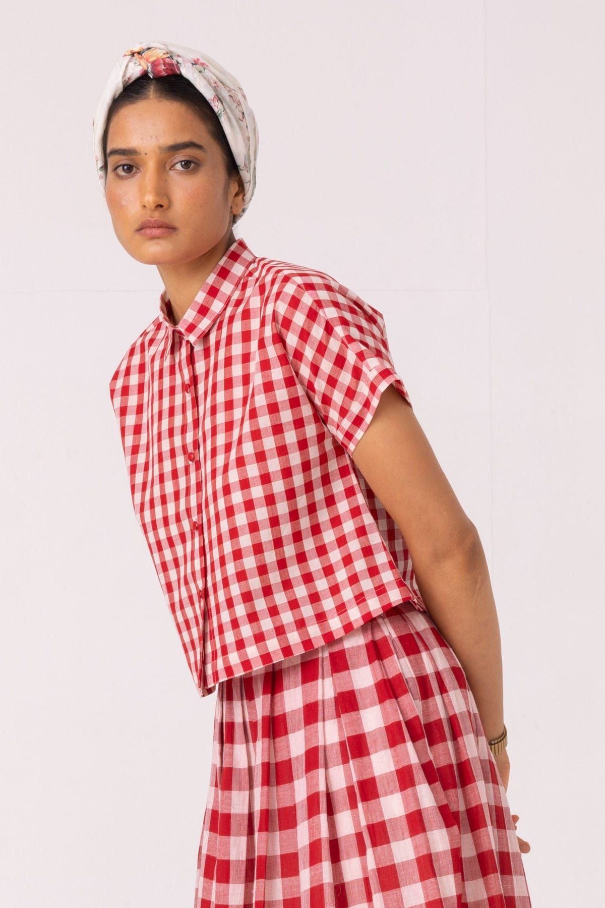 Emily Red Checkered Handwoven Top - image 1