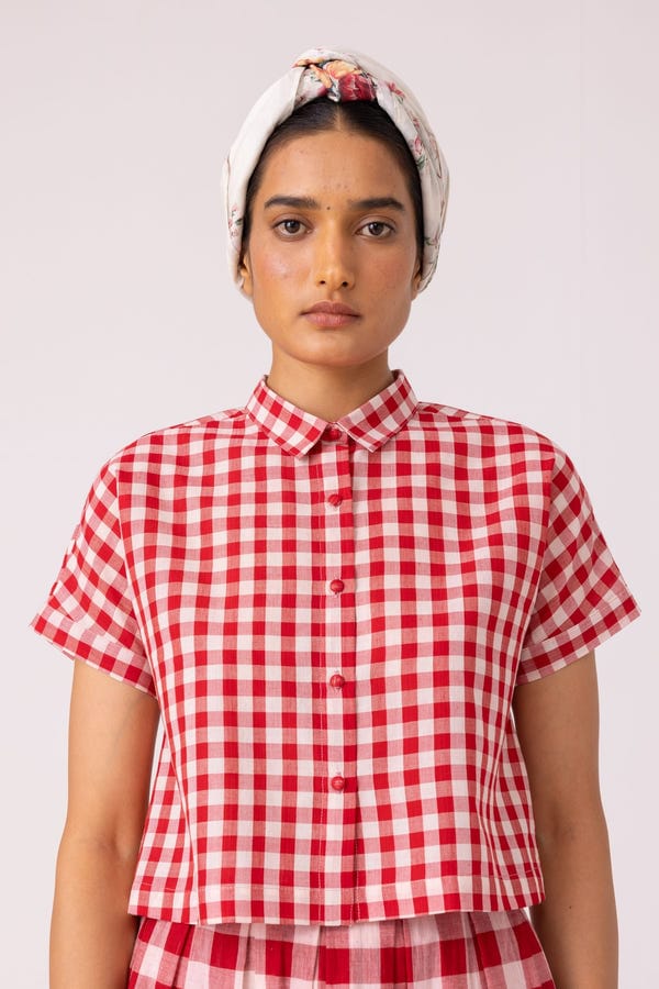 The Summer House — Emily Red Checkered Handwoven Top