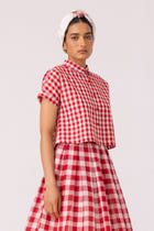 Emily Red Checkered Handwoven Top view 4