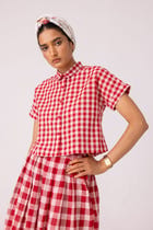 Emily Red Checkered Handwoven Top view 6