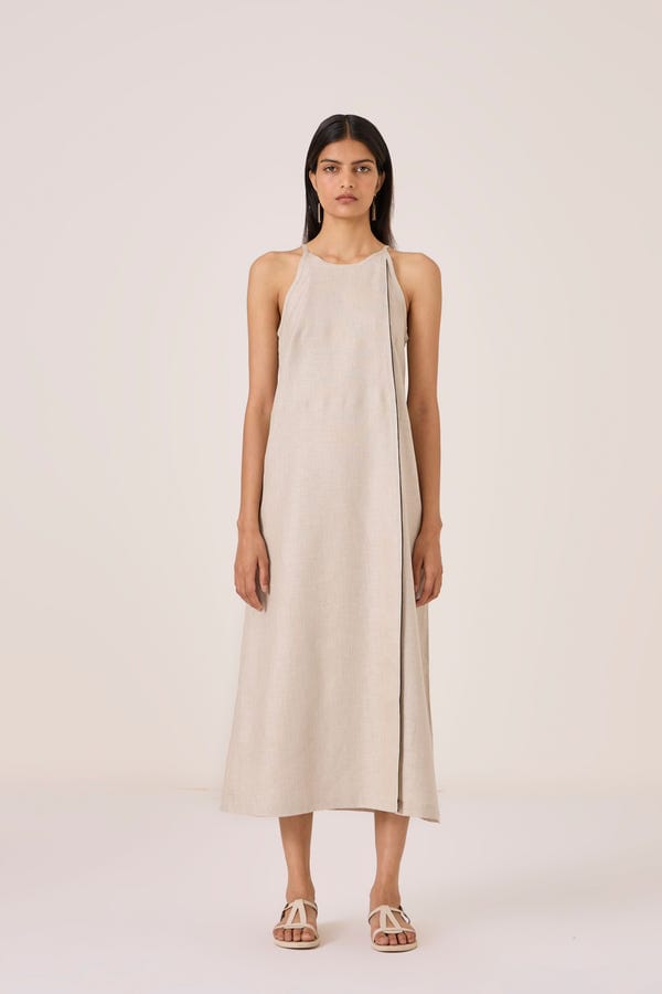 The Summer House — Supun Biege Linen Panelled Dress