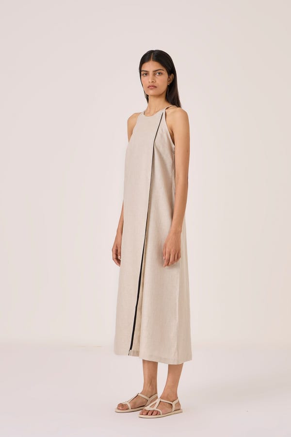 The Summer House — Supun Biege Linen Panelled Dress