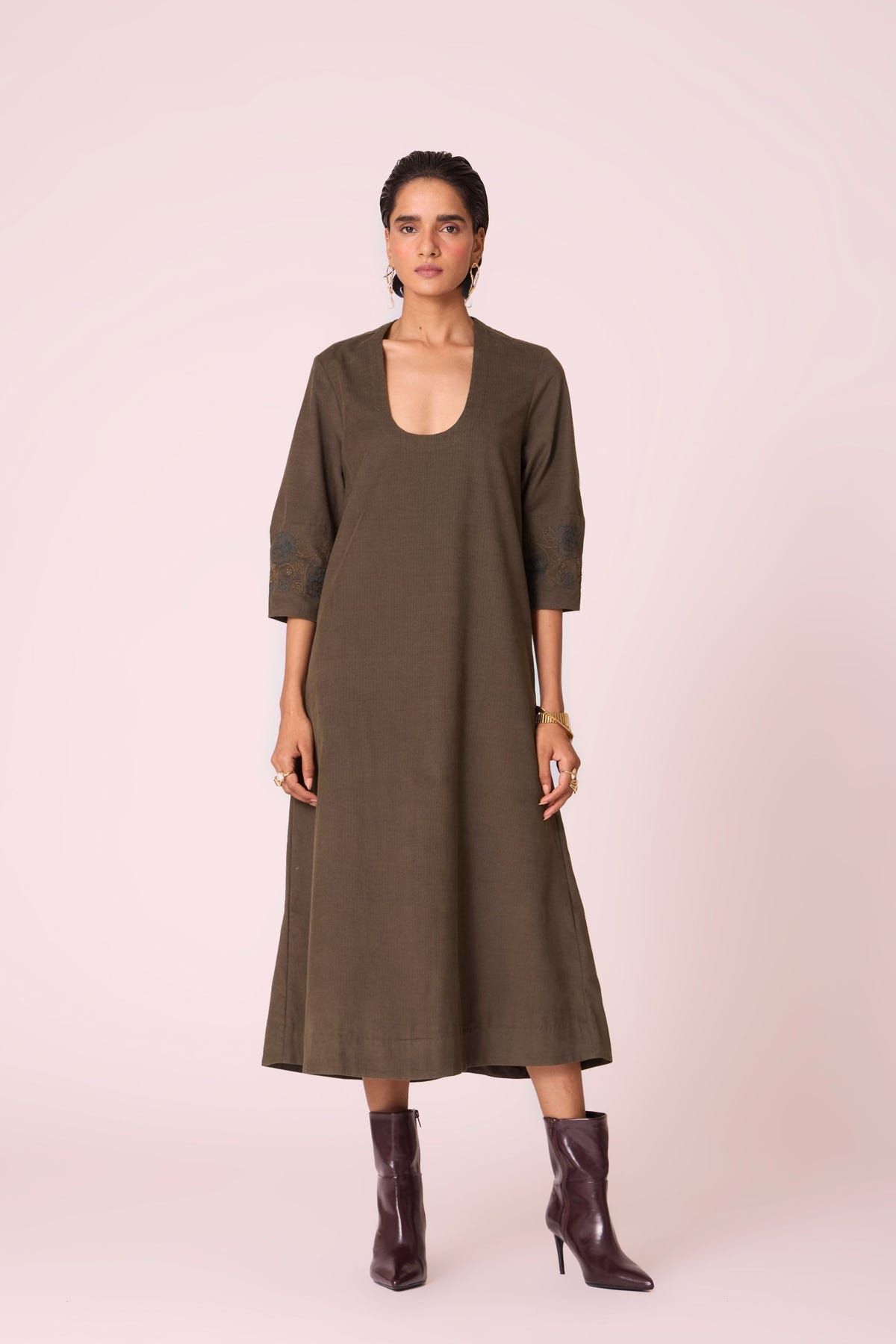 Mir Olive Needlecord Embroidered Dress - image 1