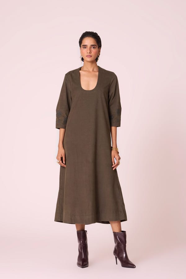 The Summer House — Mir Olive Needlecord Embroidered Dress