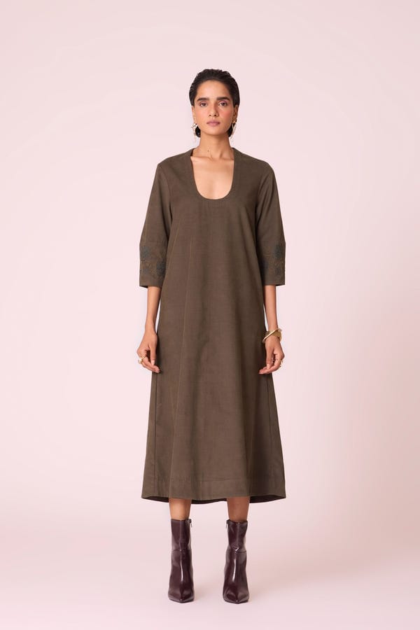 The Summer House — Mir Olive Needlecord Embroidered Dress