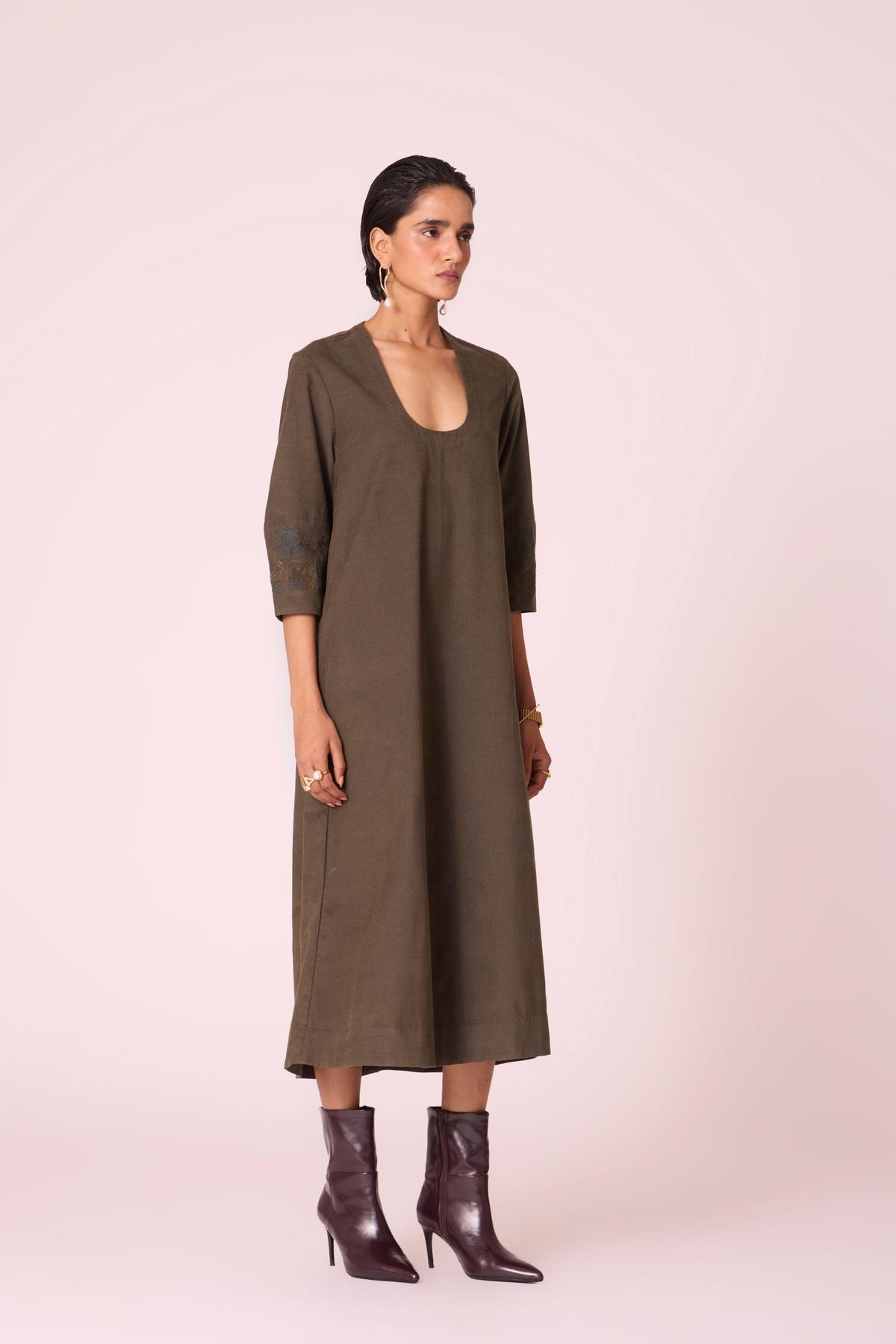 Mir Olive Needlecord Embroidered Dress - image 3