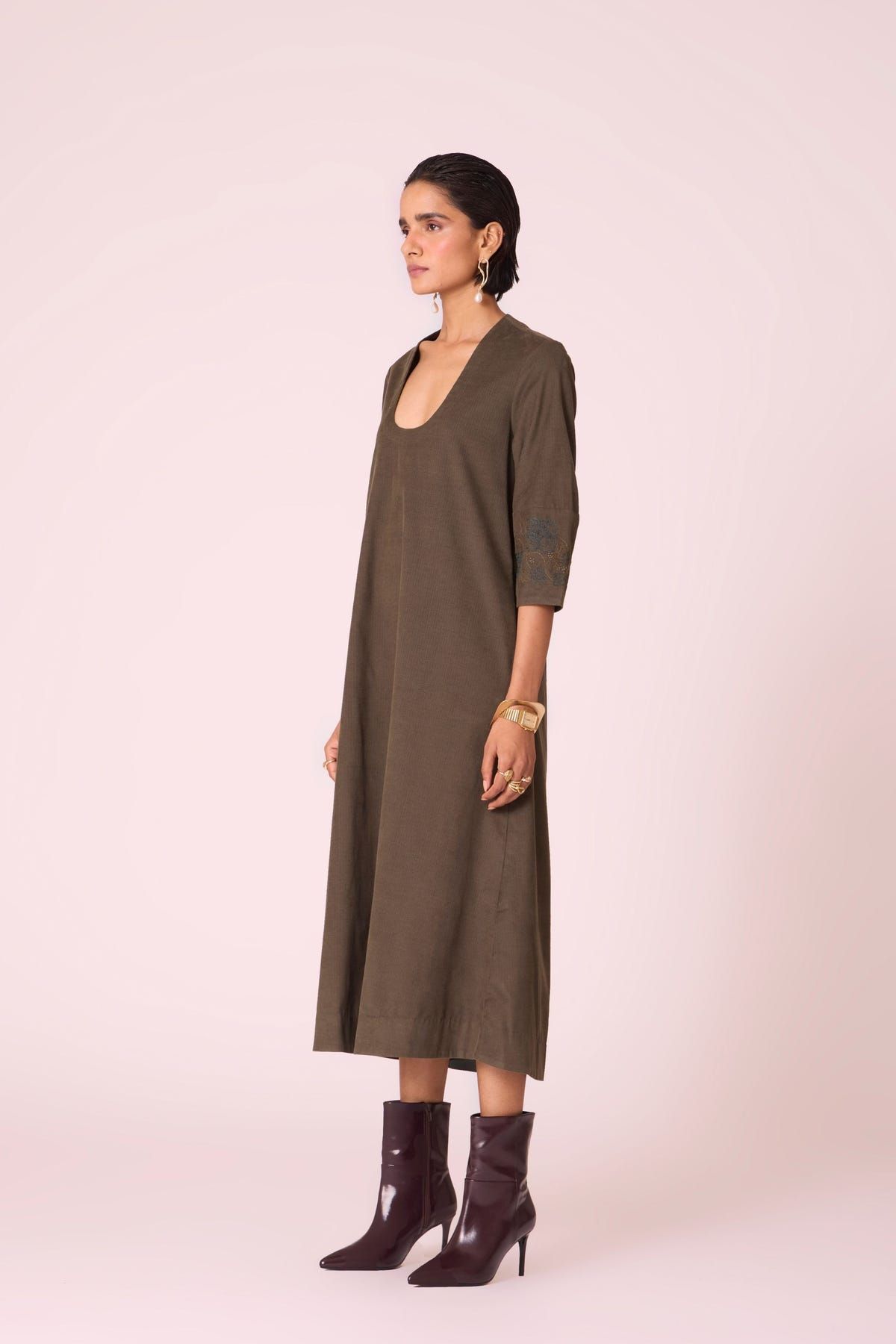 Mir Olive Needlecord Embroidered Dress - image 4