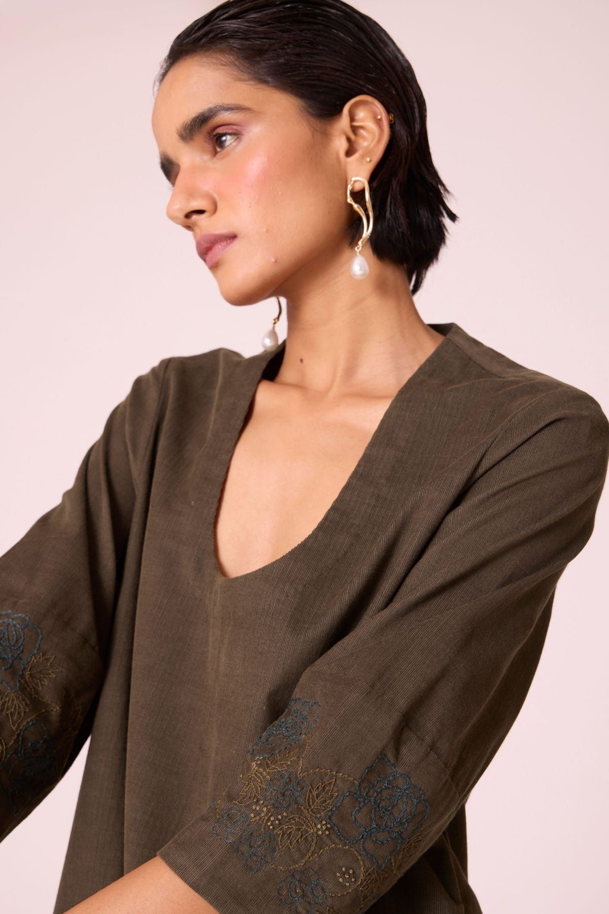 Mir Olive Needlecord Embroidered Dress - image 7