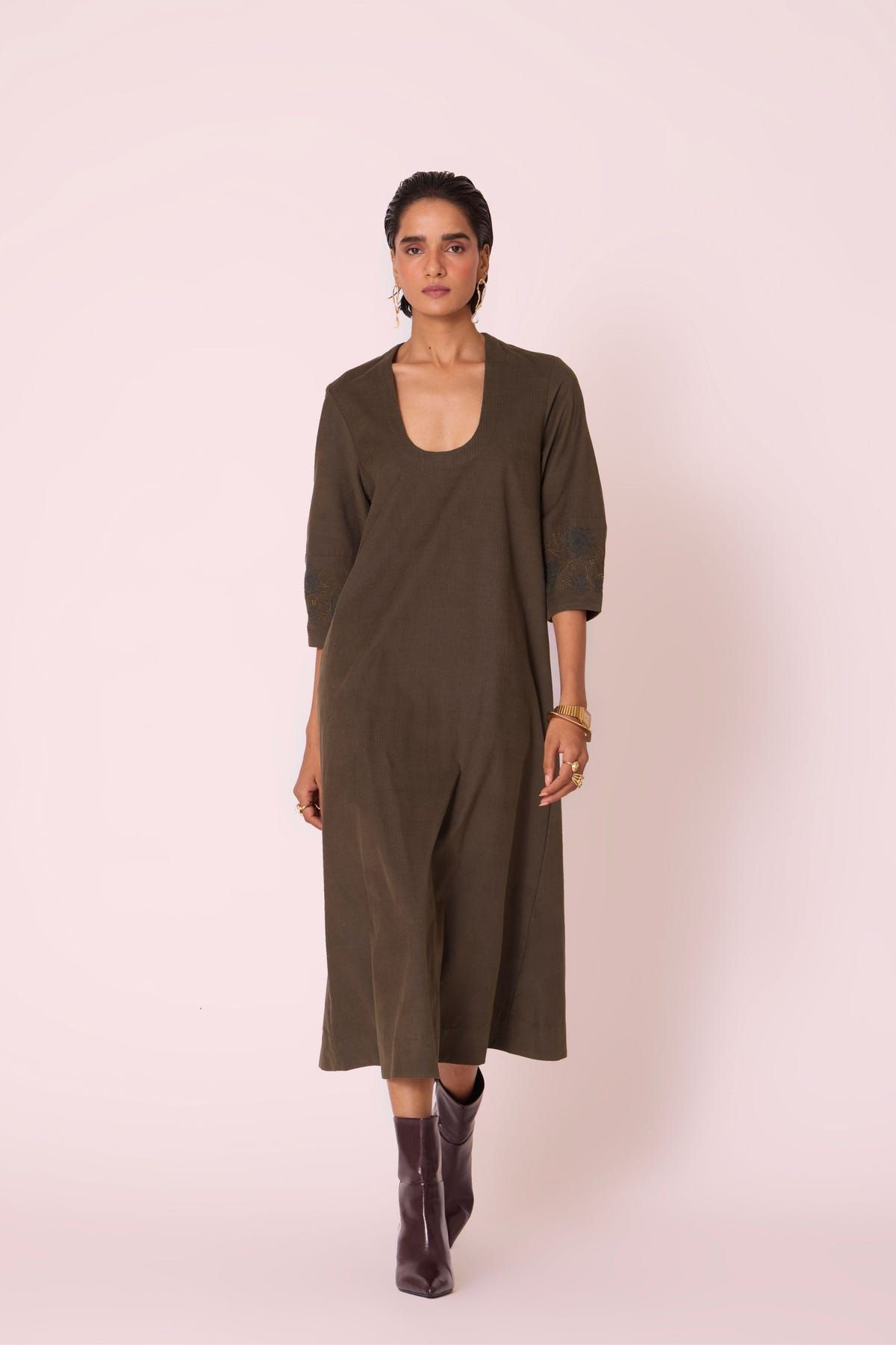 Mir Olive Needlecord Embroidered Dress - image 10