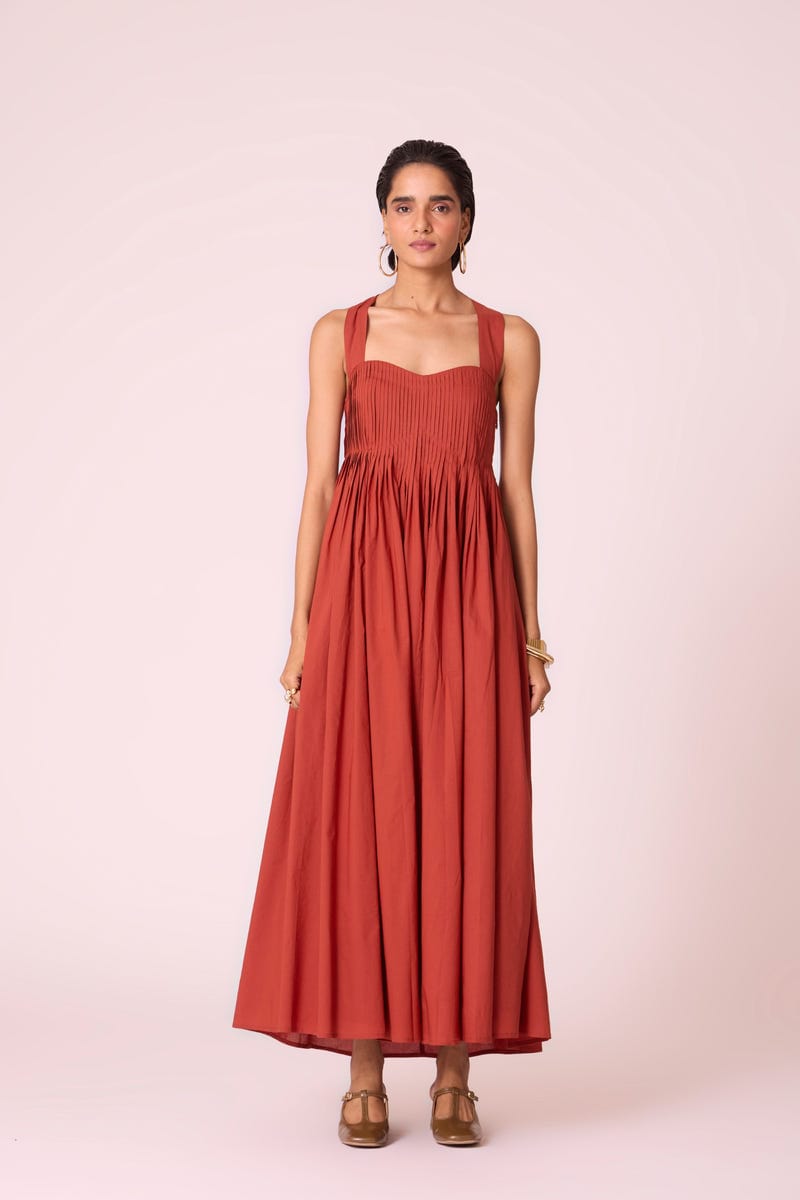 Erato Rust Pleated Dress