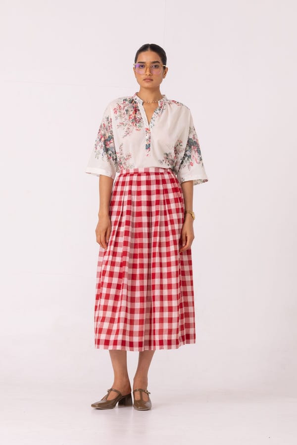 The Summer House — June Red Checkered Handwoven Skirt