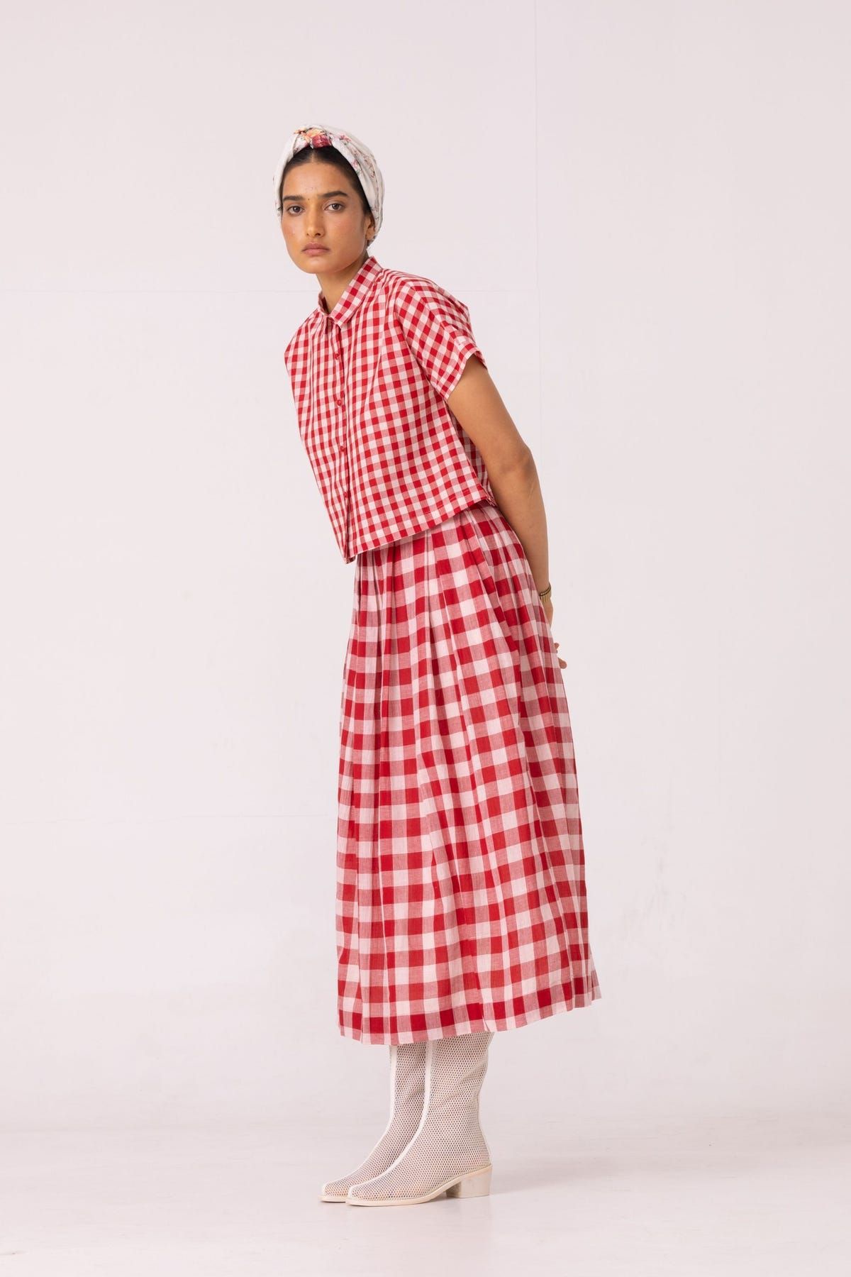 June Red Checkered Handwoven Skirt - image 2