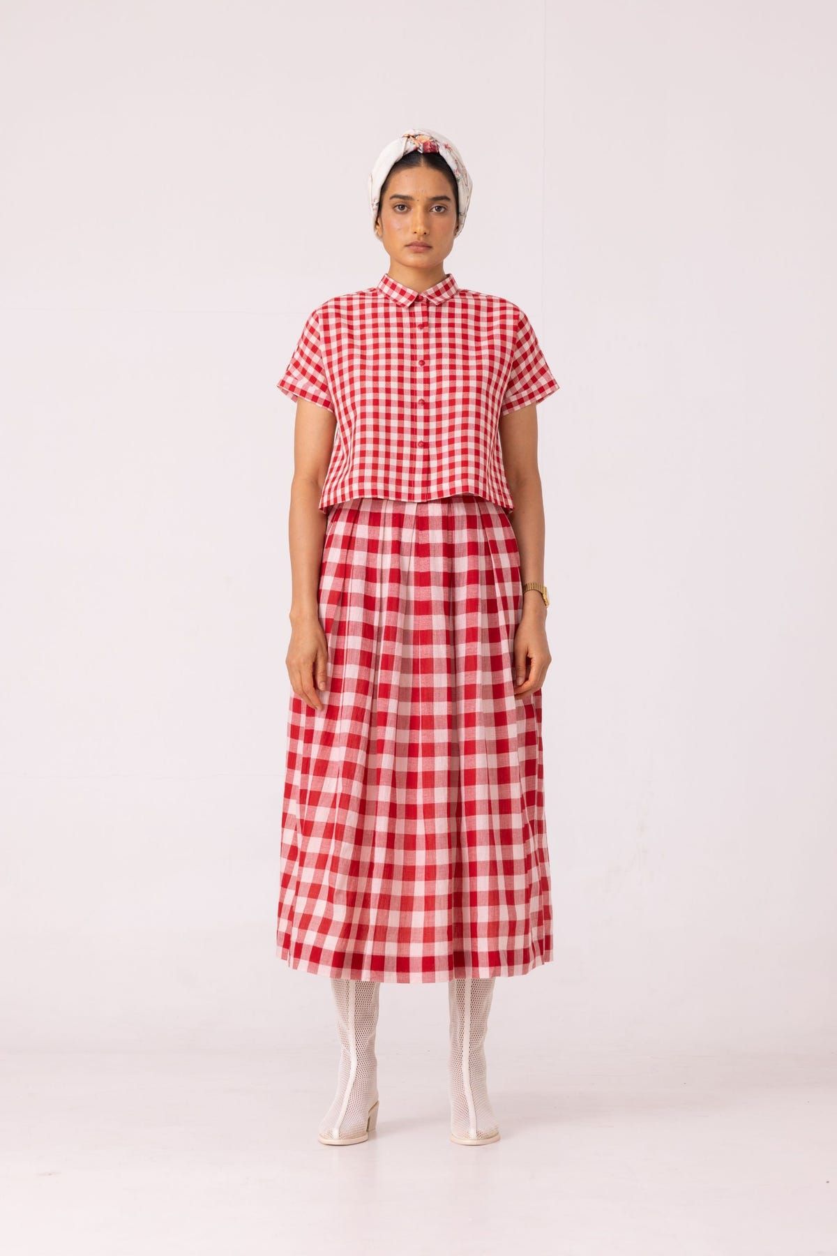 June Red Checkered Handwoven Skirt - image 5
